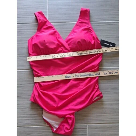 Aqua Eve Womens Plus Size 18W Hot Pink One-Piece Swimsuit Ruched V-Neck NEW Tags - Picture 10 of 12